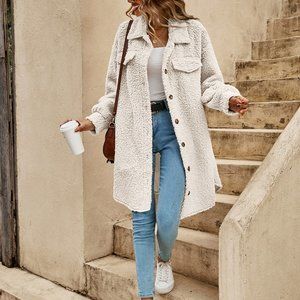 Beige Preppy Womens Drop Shoulder Flap Detail Teddy Coat